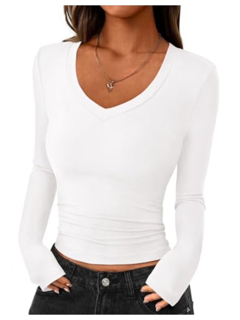 Womens Slim Fit Long Sleeve V Neck Crop Top Stretchy Knit Y2k Going Out Tee